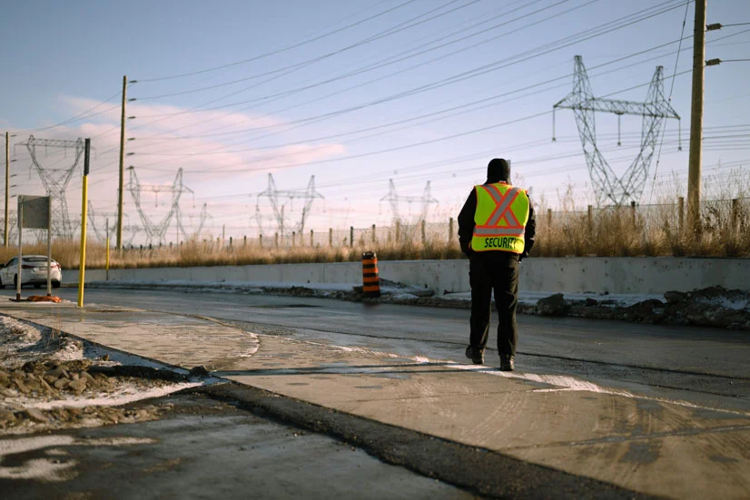 Security guard monitoring a commercial property construction site in Canada